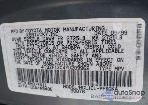 2000 Toyota Sienna Le z USA, uszkodzony, nr VIN 4T3ZF13C4YU209962